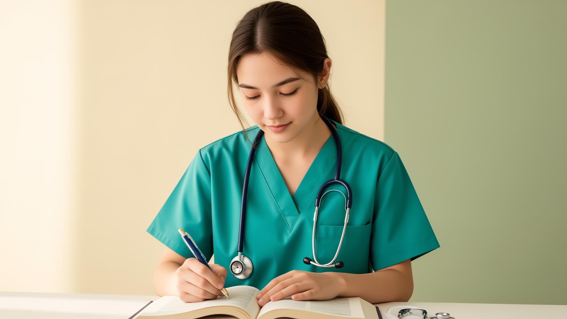 Nursing student studying with a stethoscope and textbook